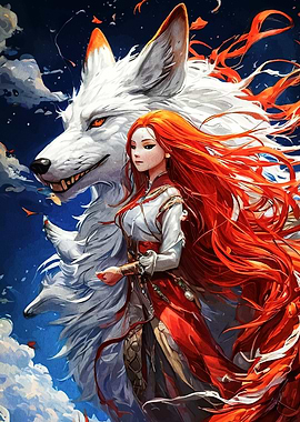 Red-haired woman with white wolf companion
