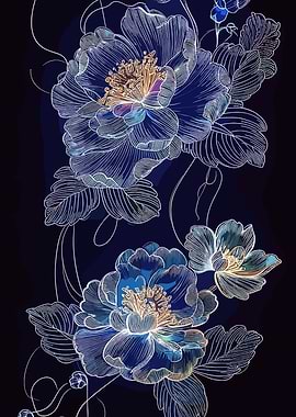 Elegant Blue Floral Line Art Pattern