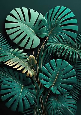 Emerald Monstera Leaves — Lush Tropical Botanical Digital Art