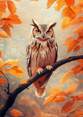 Owl Perched on Branch in Autumn
