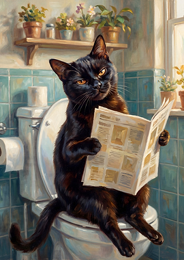 Black Cat Reading Newspaper on Toilet