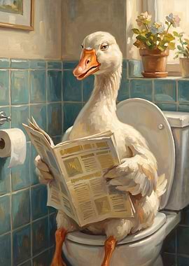 Goose Reading Newspaper on Toilet