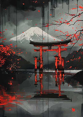 Japanese Torii Gate and Mount Fuji