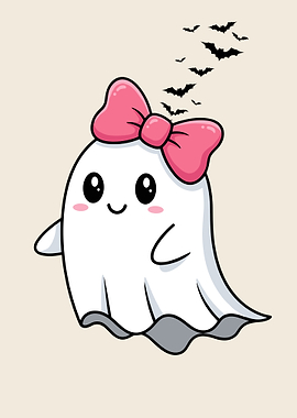 Cute Ghost with Pink Bow and Bats