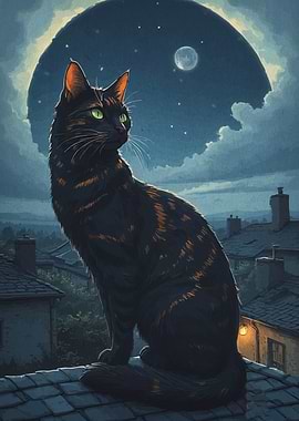 Cat on a Rooftop at Night