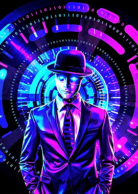 Cyberpunk Hacker in Suit with Binary Code