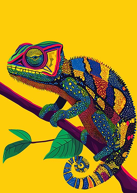Colorful Chameleon on Branch Illustration