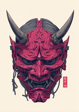 Detailed Red Oni Mask Illustration