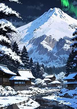 Winter Mountain Village Landscape Art