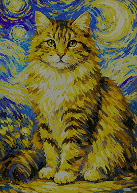 Cat in Starry Night Style Painting