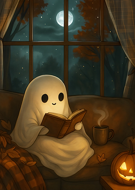 Cozy Ghost Reading on Autumn Night