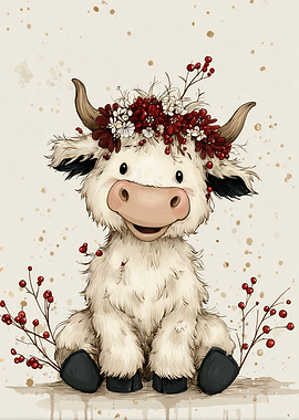 Cute Cow with Floral Crown Illustration