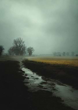 Misty Field with Stream