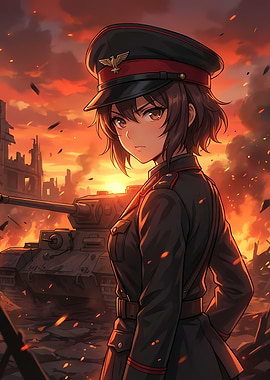 Anime Girl in Military Uniform with Tank
