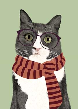 Cat with Glasses and Scarf Portrait