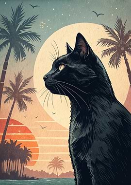 Black Cat Tropical Beach Illustration