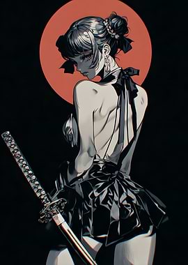Samurai Girl with Katana and Moon