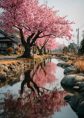 Cherry Blossoms Reflecting in Canal Water