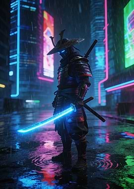 Cyberpunk Samurai in Rainy Cityscape