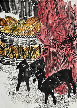 Ink Painting of Lambs and Harvest