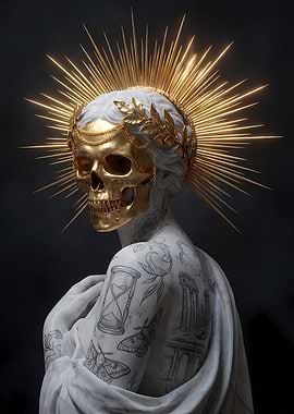 Gilded Skull Statue with Tattoos