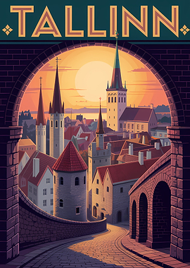 Tallinn Cityscape Vintage Travel Poster