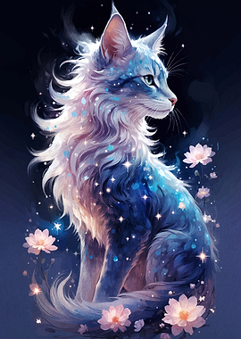 Celestial Cat with Flowers and Stars