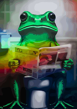 Frog Reading Newspaper on Toilet