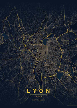 Lyon, France City Map Art