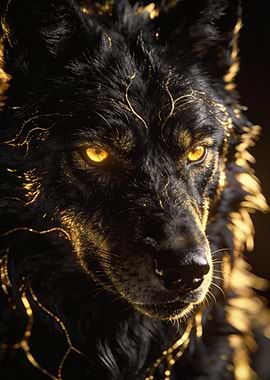 Golden-Eyed Black Wolf Portrait