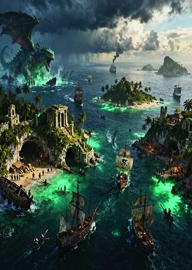Pirate Cove with Dragon and Ships