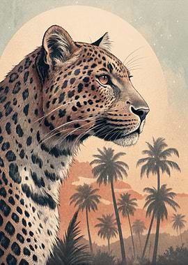 Leopard Portrait with Palm Tree Background