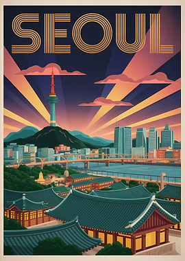 Seoul Cityscape Vintage Travel Poster