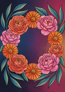 Floral Wreath with Pink and Orange Flowers