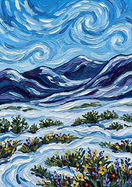 Impressionistic Mountain Landscape with Flowers