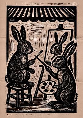 Rabbit Artists Woodcut Print