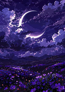 Purple Flower Field Under Crescent Moon