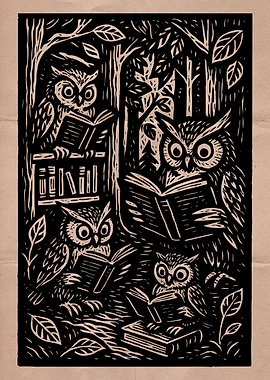 Owls Reading Books in Forest Illustration