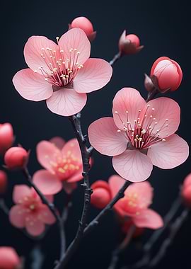 Pink Plum Blossoms on Dark Background
