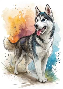 Watercolor Painting of a Husky Dog