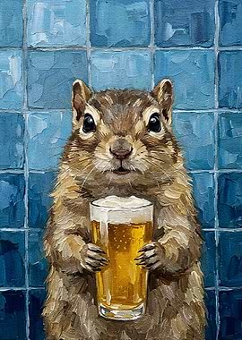 Squirrel with Beer Painting