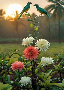 Birds and Flowers at Sunrise