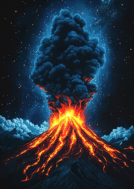Volcano Eruption Under Starry Night Sky