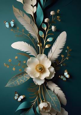 Floral arrangement with butterflies on teal