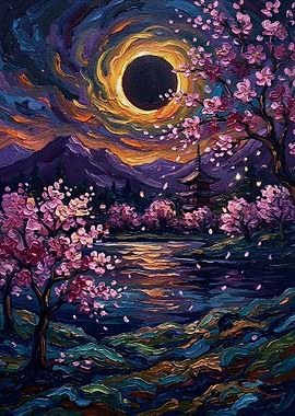 Cherry Blossoms and Eclipse Painting