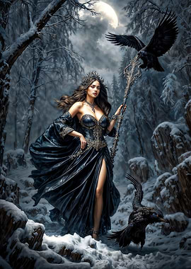 Winter Goddess Morana with Ravens in Snowy Forest