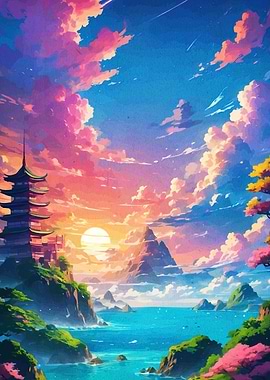 Japanese Temple Landscape at Sunset