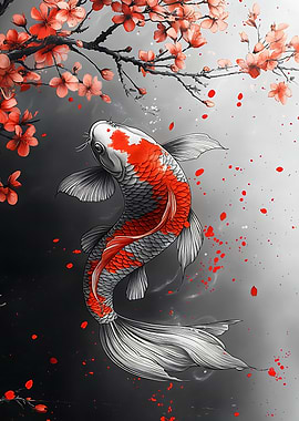 Koi Fish and Cherry Blossoms Art
