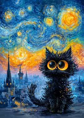 Whimsical Black Cat Under a Starry Night