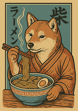 Shiba Inu Ramen Poster, Cute Japanese Dog Art Print, Teal Asian Food Wall Decor